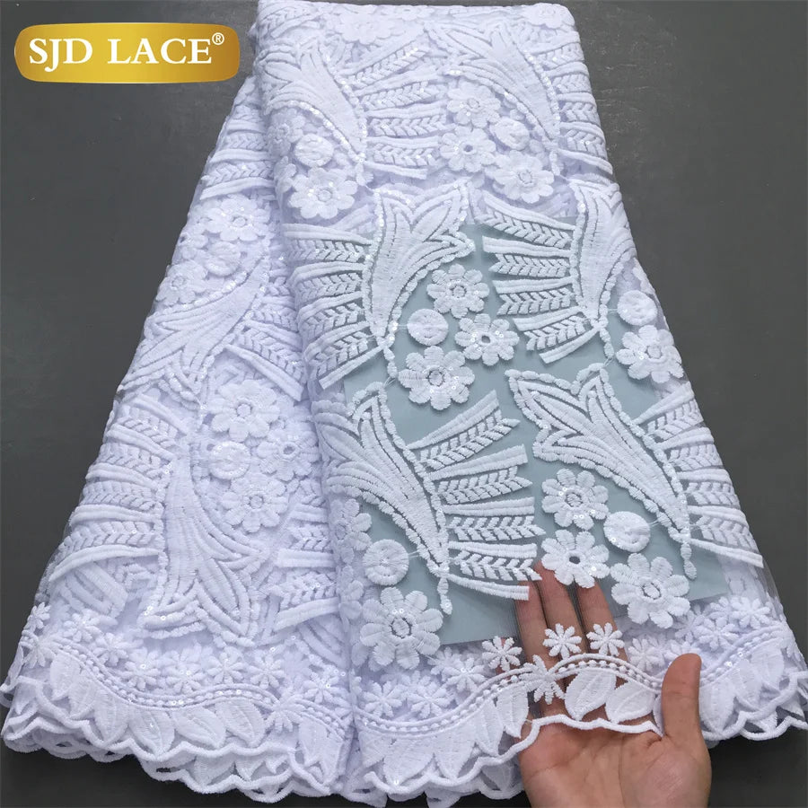 SJD LACE African Milk Silk Lace Fabric 2025 High Quality Nigerian White Mesh Embroidery Lace for Sewing Women Wedding Dress 4043