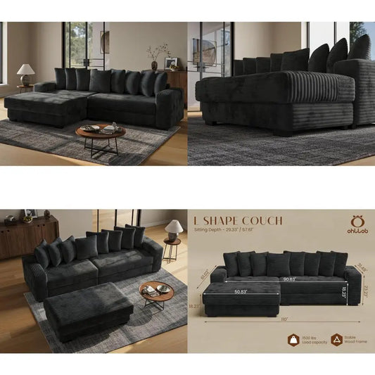 L-Shaped Modular Sectional Sofa with Chaise Lounge, Plush Corduroy Cloud Couch, Deep Seating for Living Room in Black