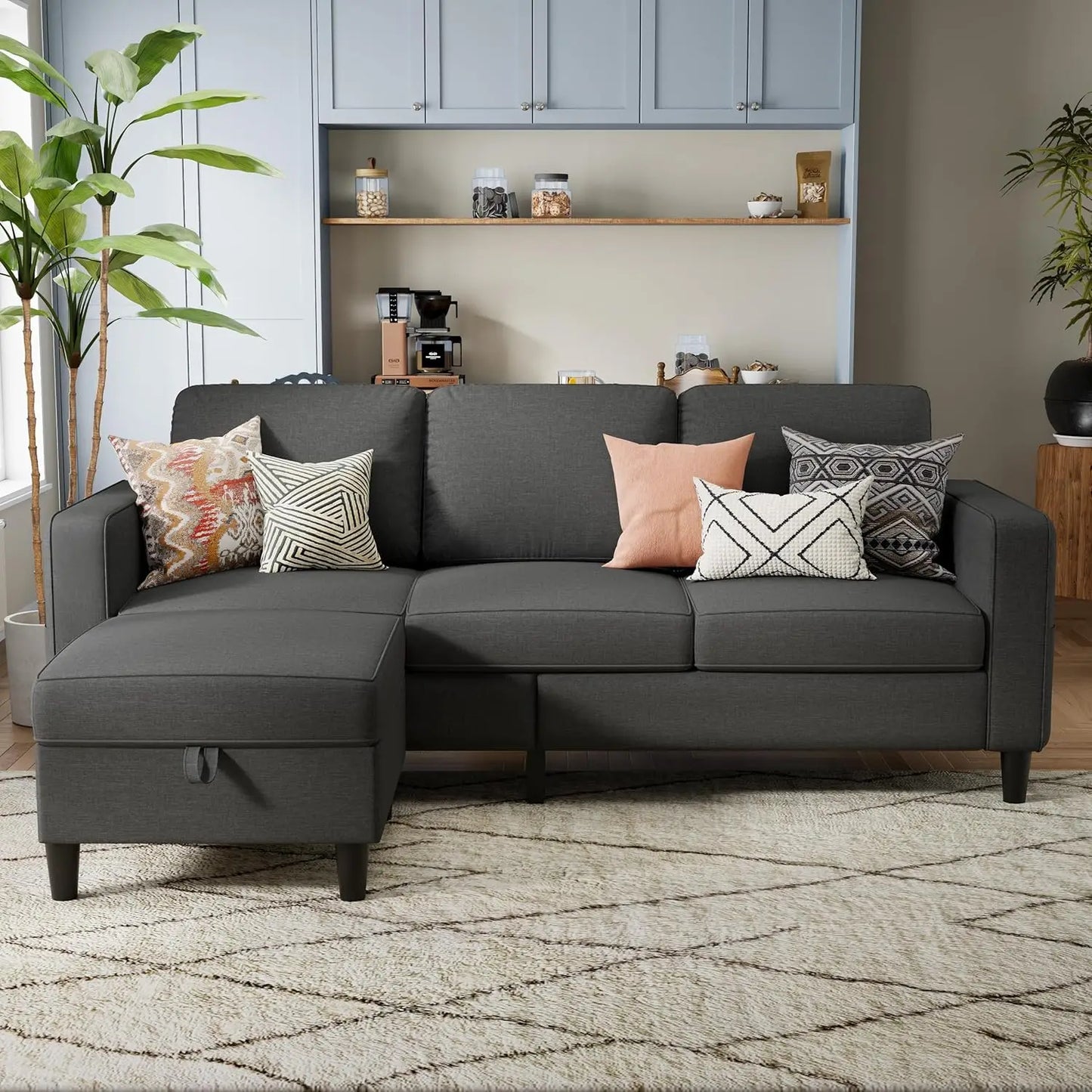 Sectional Sofa Couches for Living Room - 3 Seat L-Shaped Couch with Storage Ottoman, Comfy Fabric Convertible Sectionals