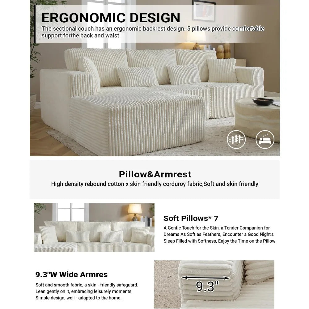 110" Modular Sectional Sofa, Corduroy Upholstered Deep Seat Couch for Living Room Bedroom, Left Facing Chaise Beige
