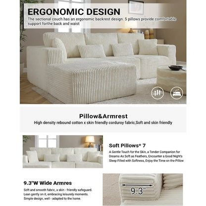 110" Modular Sectional Sofa, Corduroy Upholstered Deep Seat Couch for Living Room Bedroom, Left Facing Chaise Beige