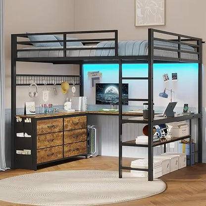 Loft Bed Full Size with U-Shaped Desk, 6 Storage Drawers, Power Outlet, LED Metal Loft Bed with 2 Storage Shelves,White