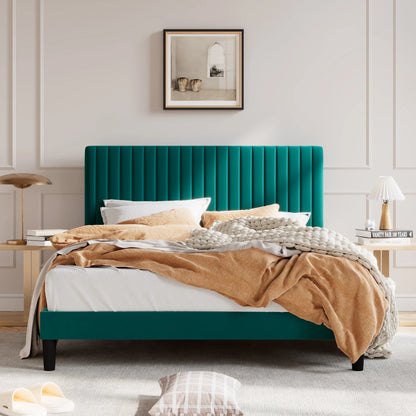 HOOMIC Upholstered Platform Bed Frame with Vertical Channel Tufted Velvet Fabric Adjustable Headboard Allewie