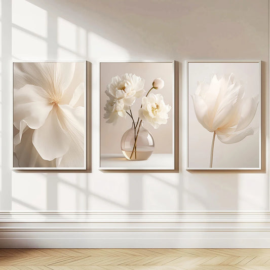 1PC/3PCS Frameless Nordic Beige Peony Flowers Canvas Painting Modern Floral Botanical Posters Aesthetic Wall Art Home Decoration