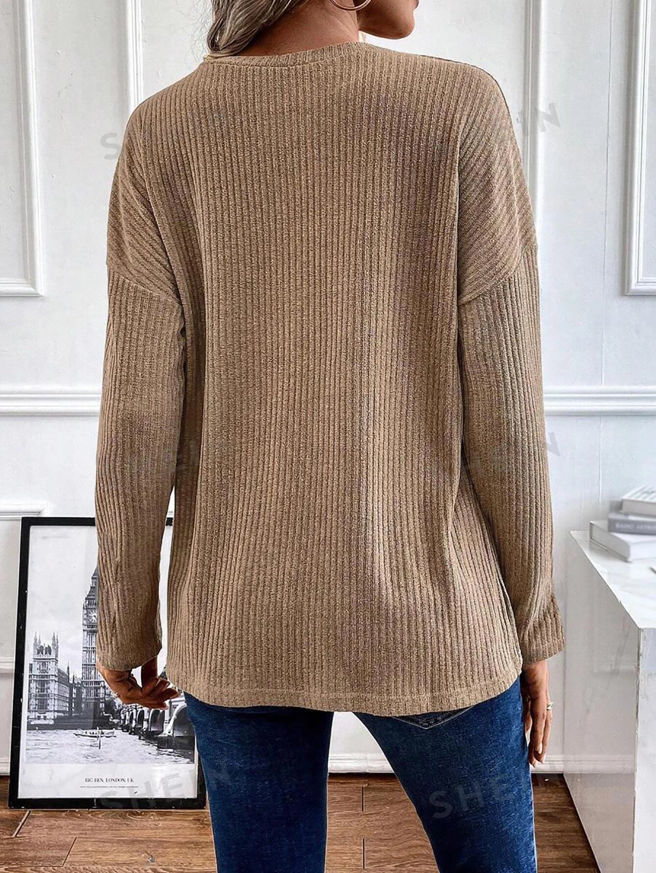 Spring and autumn button ribbed knitted tops casual sweater all-match solid color long-sleeved pullover V-neck top