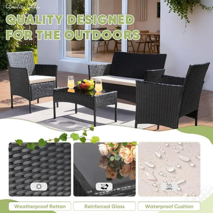 patio furniture 4 pieces conversation sets outdoor wicker rattan chairs garden backyard balcony porch poolside loveseat with cu