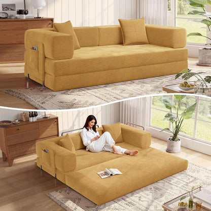 78.8''Sleeper Couch Bed for Livingroom，Convertible Modular Sofa with Armrest Pillow，Modular Fldable Corduroy, Customized