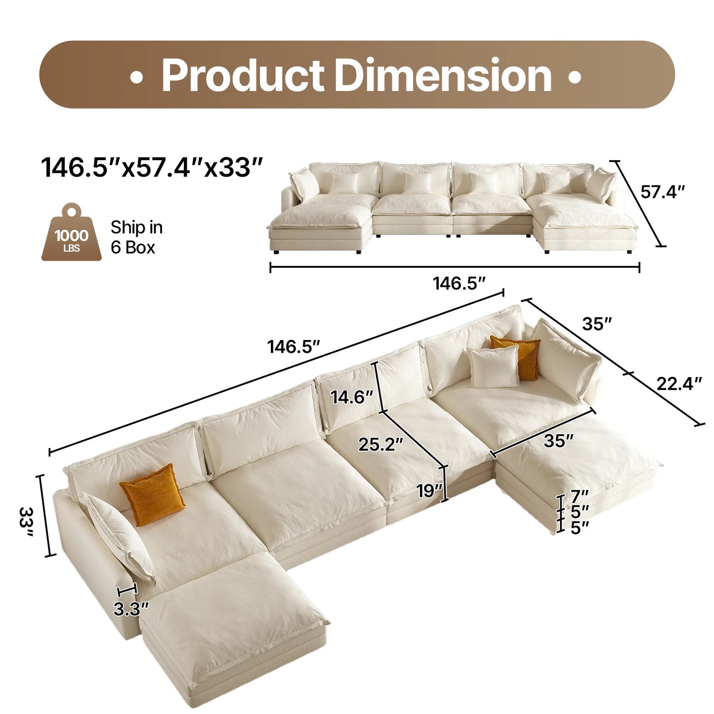 111.5" L Shaped Modern Sofa Modular Sectional Cloud Couch with Ottoman, 4-Seat Chenille Deep Seat Sofa with Pillow for Living Ro