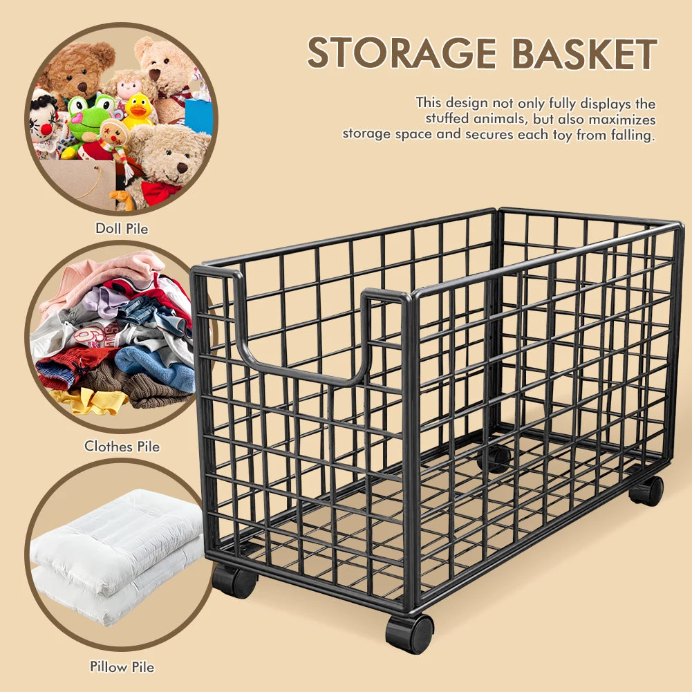 Stuffed Animal Organizer with Wheels Dirty Clothes Metal Laundry Basket Rolling Storage Bins Rack Home Large Hamper Container