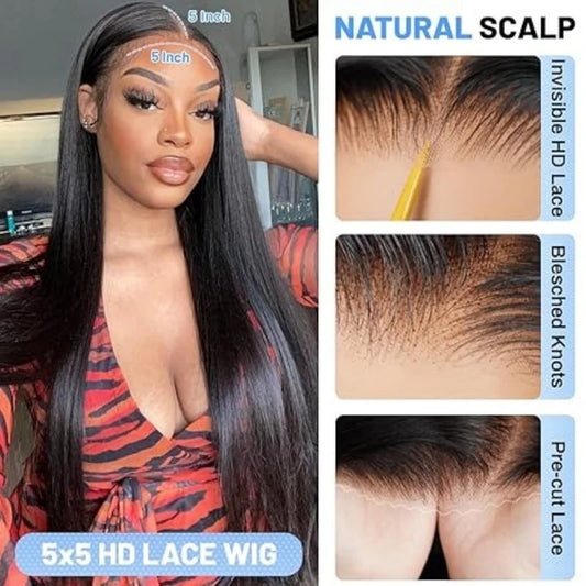 40 inch Glueless straight wigs 5x5 Pre-Cut HD Lace wigs human hair 220 density wear and go Brailian human hair wigs for women