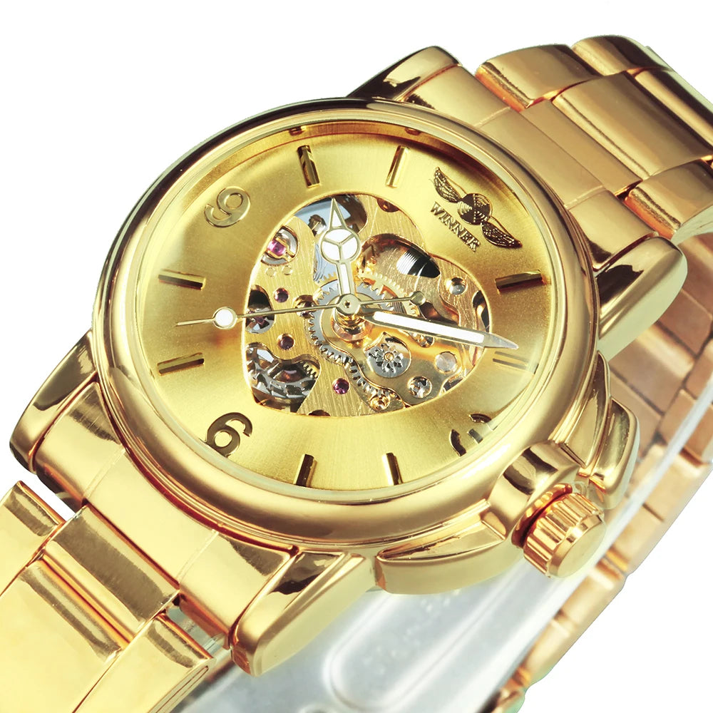 WINNER Luxury Elegant Skeleton Automatic Mechanical Watch for Women Luminous Hands Stainless Steel Strap Business Ladies Watches