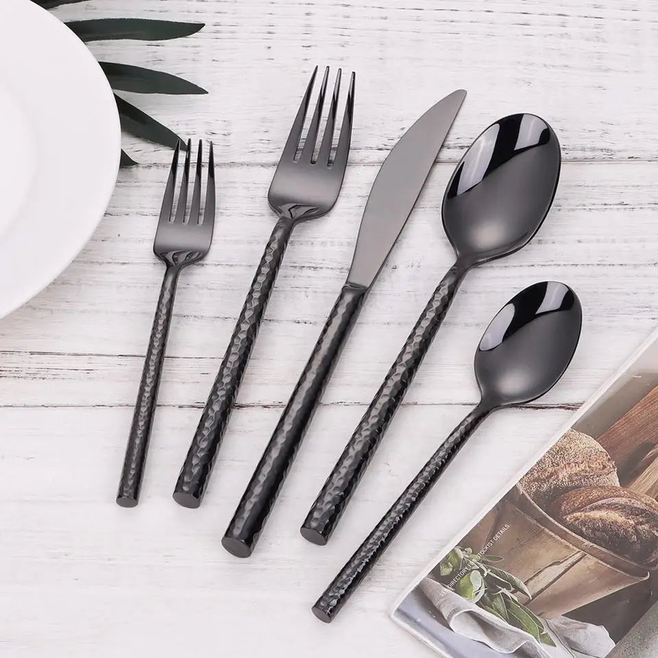 5/10/15/20Pcs Gold Heavy Cutlery Sliver Dinner Set Stainless Steel Tableware Mirror Western Hammer Pattern Handle Knife Fork