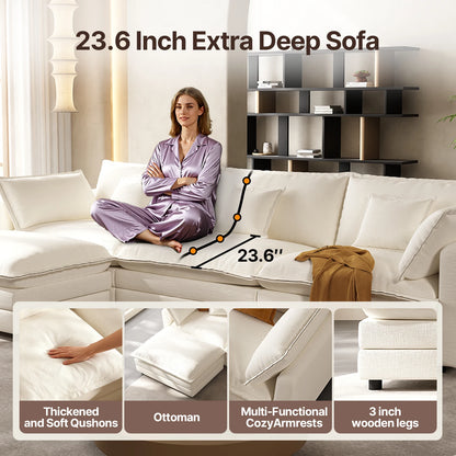 102'' Modular Sectional Sofa Beige Couch Cloud Couches for Living Room, L Shaped Couch with Movable Ottoman, Modern Cloud Sectio