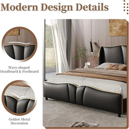 Modern Luxury Leather Platform Bed Frame - Wingback Headboard & Wavy Footboard, No Box Spring Required