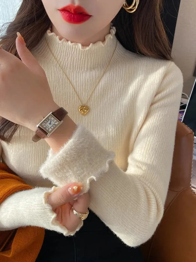 Autumn Elegant Casual Ruffles Knitted Sweater Fashion Women Mock Neck Pullover Solid Top Winter Warm Long Sleeve Knitwear Jumper