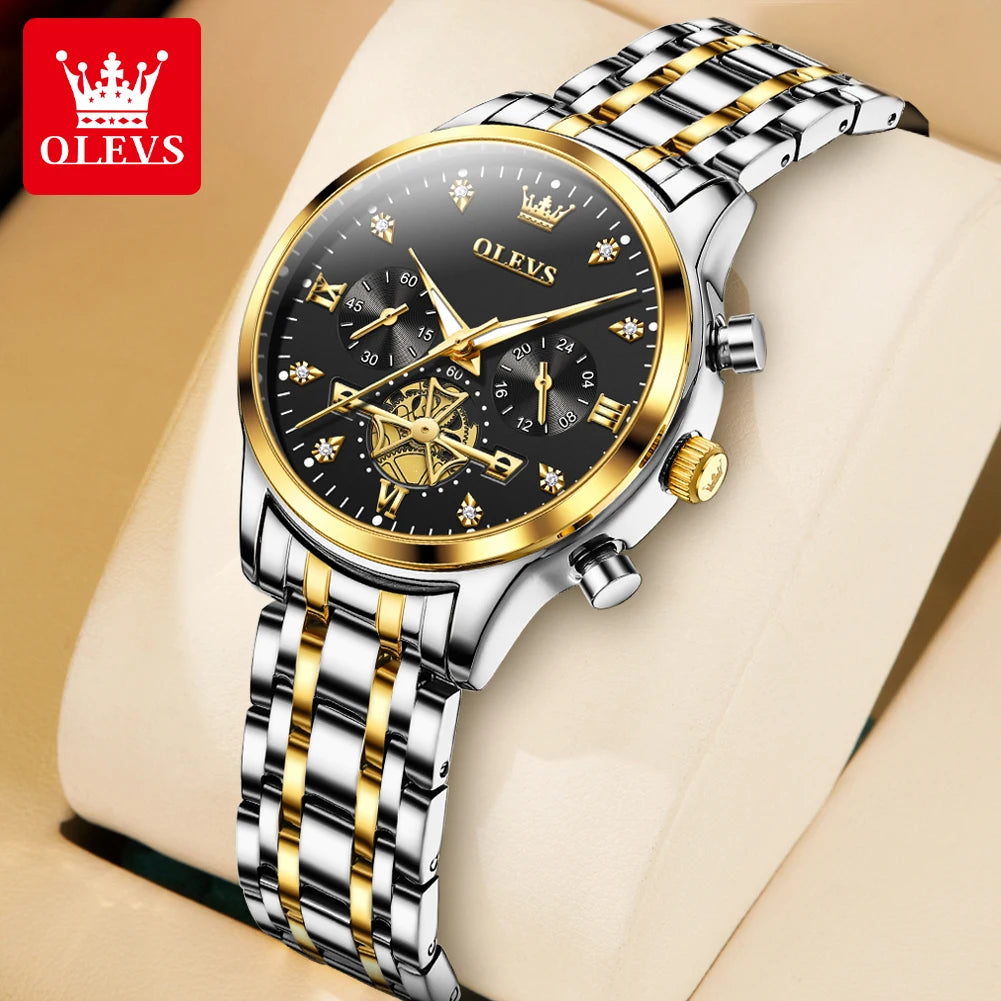 OLEVS Flywheel Skeleton Women Quartz Watch Stainless steel Chronograph Waterproof Luminous Ladies Bracelet Watch for Women Set
