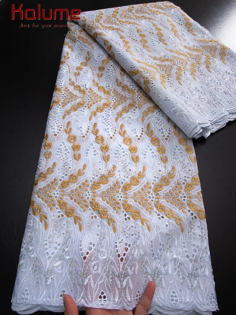 Kalume African Cotton Embroidered Lace Fabric With Stones 2025 Nigerian Swiss Voile Lace Fabric Flower For Sewing Dress F4325