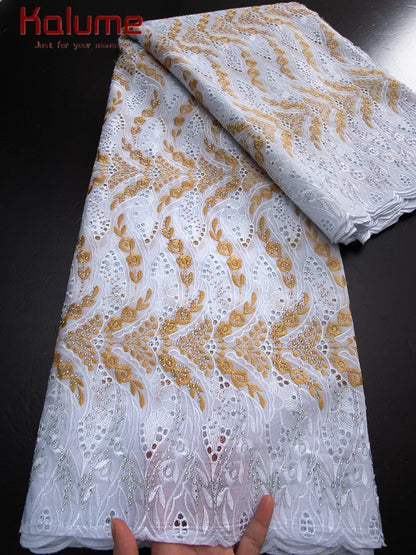 Kalume African Cotton Embroidered Lace Fabric With Stones 2025 Nigerian Swiss Voile Lace Fabric Flower For Sewing Dress F4325