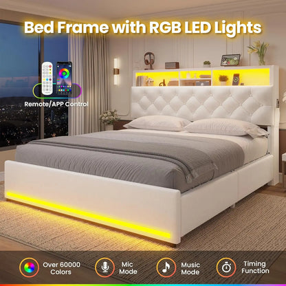 Modern Velvet Platform Bed with LED Lights, Storage Drawers, and Charging Station in Creamy White