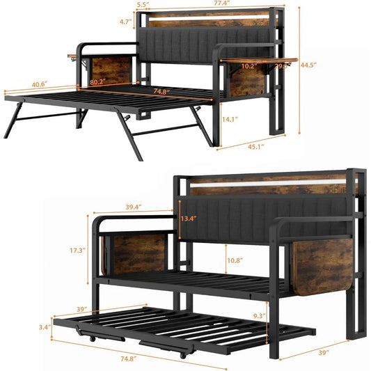 Trundle and LED Light, Heavy Duty Metal Twin Bed Frame with Upholstered Storage Headboard & Charging Station, Day Be