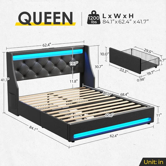 Luxury LED-lit Queen Size Bed Frame with Charging Station, PU Leather Bed Base and Storage Drawers, Wooden Slats Support, Quiet