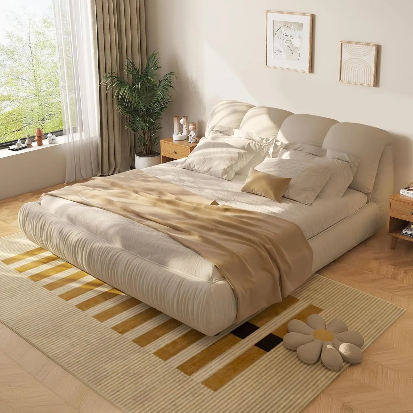 King Size Luxury Upholstered Cloud Bed Frame – Solid Wood Modern Platform Bed with Oversized Padded Backrest &, Customized