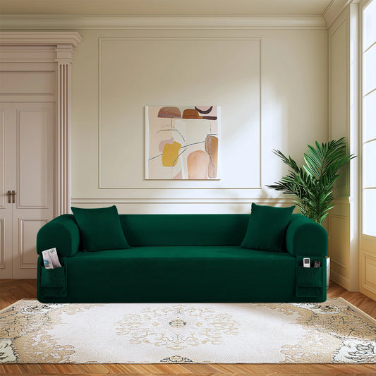 Sofa in a Box, No Assembly 3-Seater Floor Sofa Couch with 2 Pillows & Corduroy Fabric & Side Storage Pockets