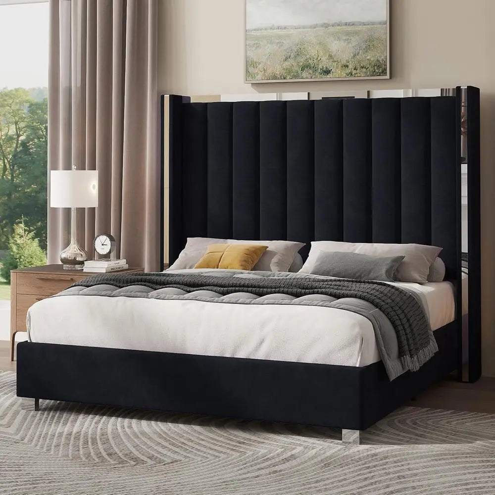 Black Velvet 58 High Wingback Headboard Queen Bed Frame, No Box Spring Required,Customized