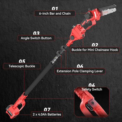 2-in-1 Electric Pole Saws Battery Powered: 6 Inch Mini Chainsaw Cordless with 15.5ft Long Reach Extension Pole