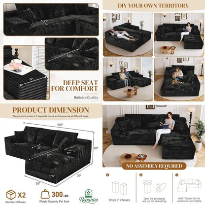 108" L Shaped Boneless Sectional Couches for Living Room, Comfy Corduroy Floor Cloud Sofa with Chaise, Wide Armrest, Deep Seat,