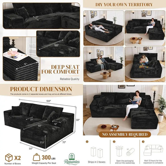 108" L Shaped Boneless Sectional Couches for Living Room, Comfy Corduroy Floor Cloud Sofa with Chaise, Wide Armrest, Deep Seat,