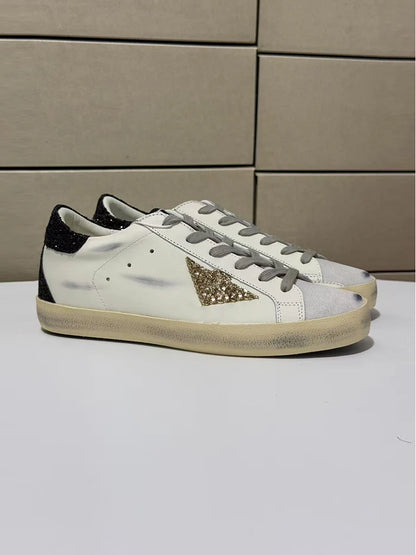 Spring Summer Fashion Casual Low-top Shiny Shoelaces Shoes Women's Round Toe Patchwork Diamond Heel Flat Bottom Sports Shoes