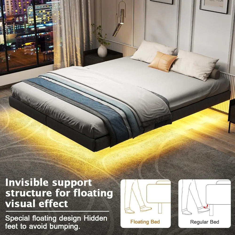 Floating Bed Frame Full with LED Lights, Metal Platform Full size Floating Bed Frame with Under Bed Storage, Heavy Duty Steel