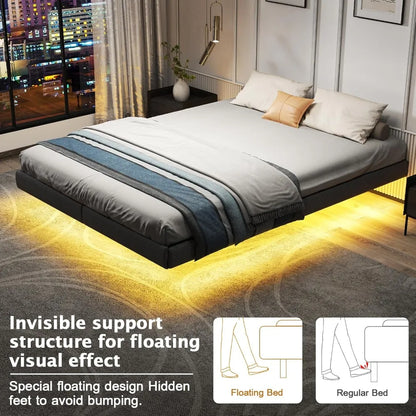 Floating Bed Frame Full with LED Lights, Metal Platform Full size Floating Bed Frame with Under Bed Storage, Heavy Duty Steel