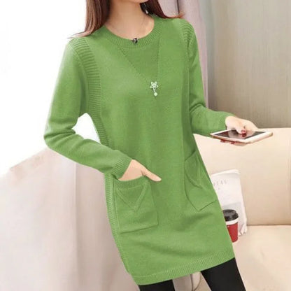 2024 New Style Korean Version Loose-Fit Medium-Length Knit Base Layer Top Women's Pullover Sweater Skirt Fleece-Lined Thickened