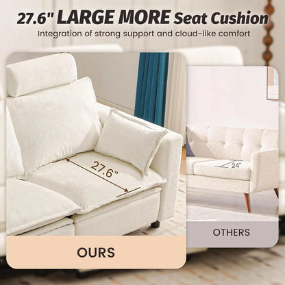 Oversized Power Reclining Sofa, Cream Cloud Chenille Recliner Couch with Adjustable Headrest, Pillows & Hidden Storage, Comforta