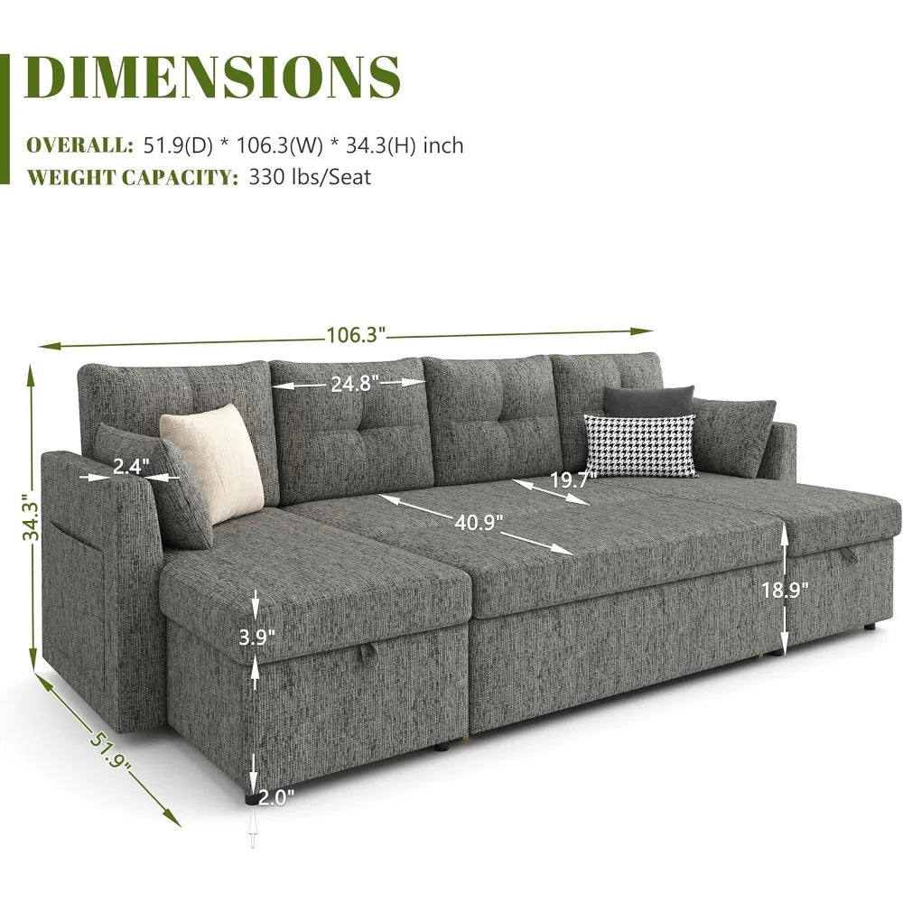 Oversized Sleeper Sofa Couch, 110 inch 2 in 1 Pullout Couch Bed with Double Storage Chaise, Sectional Sleeper Sofa Bed with Side