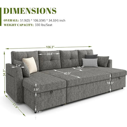 Oversized Sleeper Sofa Couch, 110 inch 2 in 1 Pullout Couch Bed with Double Storage Chaise, Sectional Sleeper Sofa Bed with Side