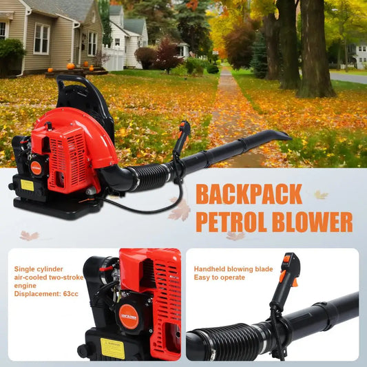 Backpack Leaf Blower, 63CC Gas Powered Leaf Blower, 665CFM 2-Stroke Snow Blower, Long Pipe, 1.7L Fuel Tank, Leaves Blower