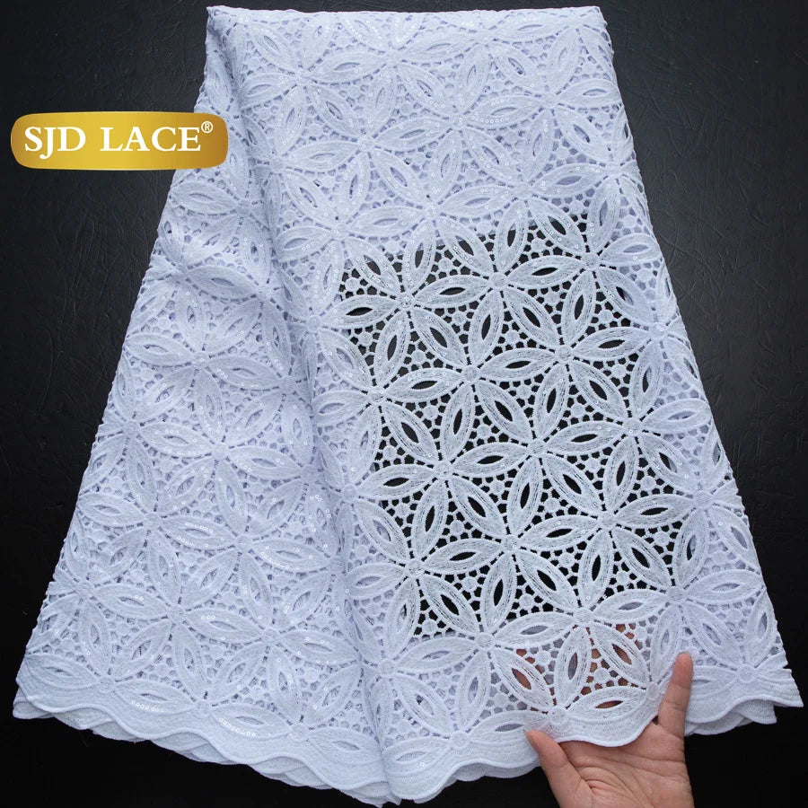 SJD LACE African Sequins Guipure Cord Lace Fabrics 5 Yards White 2025 New Nigerian Water Soluble Lace For Women Dresses Sew 4197