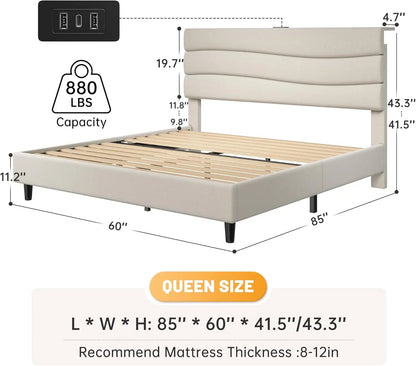 Queen Bed Frame with Fabric Upholstered Headboard, Storage Headboard and Charging Station, Queen Size Bed Frame