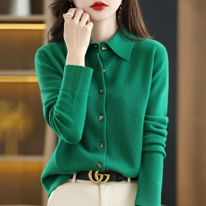 2024 Women's POLO Collar Knitted Cardigan Basic Versatile Top Spun Wool Jacket Elegant Single Breasted Sweater DMR430