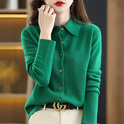 2024 Women's POLO Collar Knitted Cardigan Basic Versatile Top Spun Wool Jacket Elegant Single Breasted Sweater DMR430