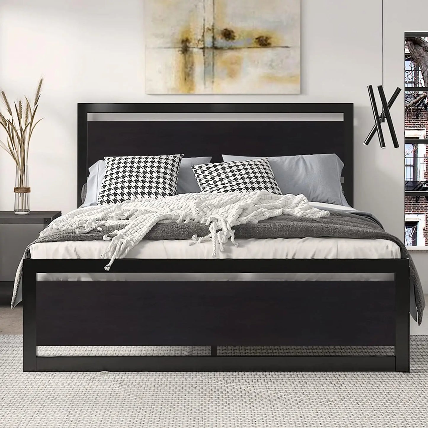 Queen Size Metal Bed Frame with Modern Headboard, Heavy Duty Platform, No Box Spring Needed, Black