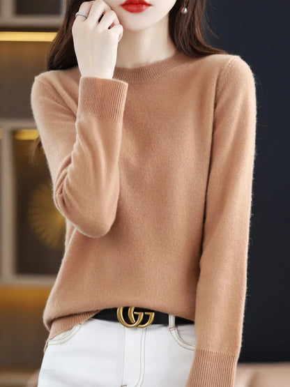 Fashion 100% Merino Wool Women's Sweater O-Neck Long Sleeve Pullover Spring Autumn Winter Basic Jumper Clothing Knitwear Tops