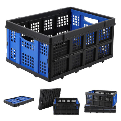 55L Heavy-Duty Collapsible Plastic Crate Foldable Storage Basket with Side Handles, Stackable Design for Food Drinks Books Tools