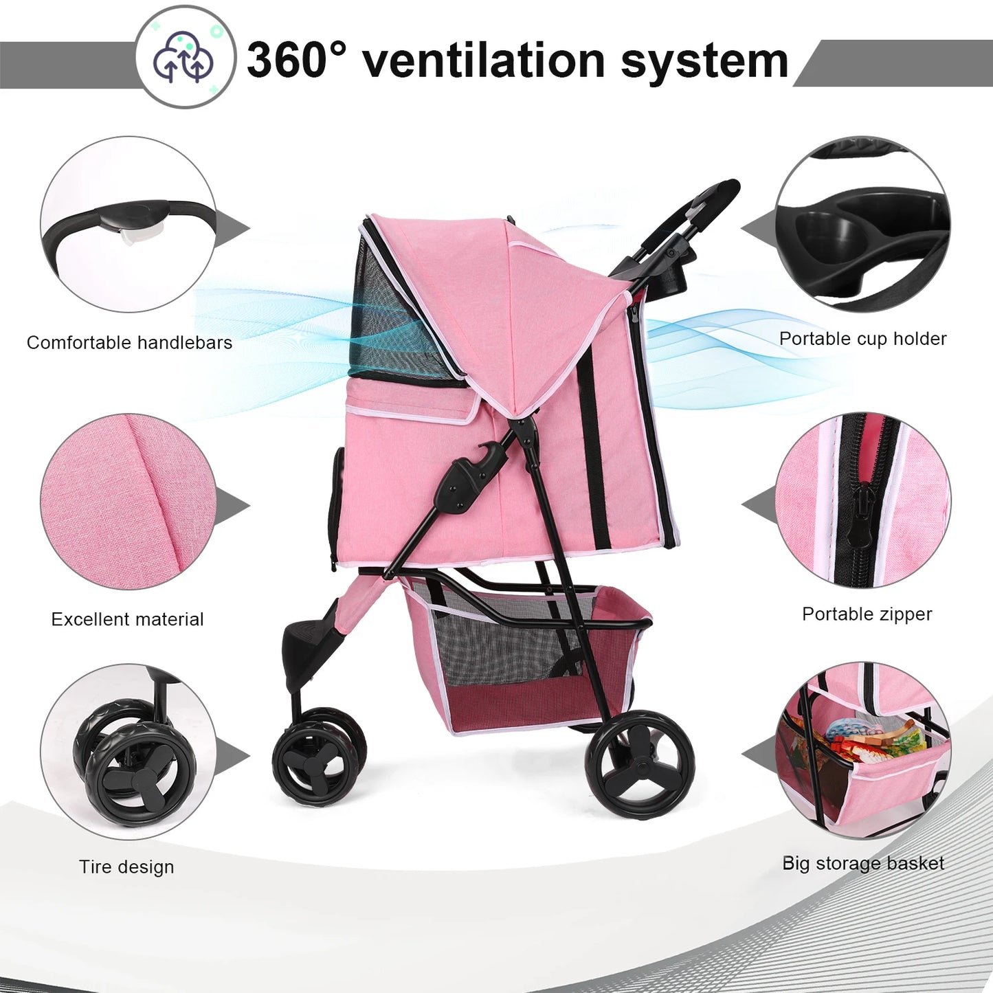 carreola para mascotas perro 3 Wheel Foldable Cat Dog Stroller with Storage Basket, Handle 360° Pet Dog Stroller