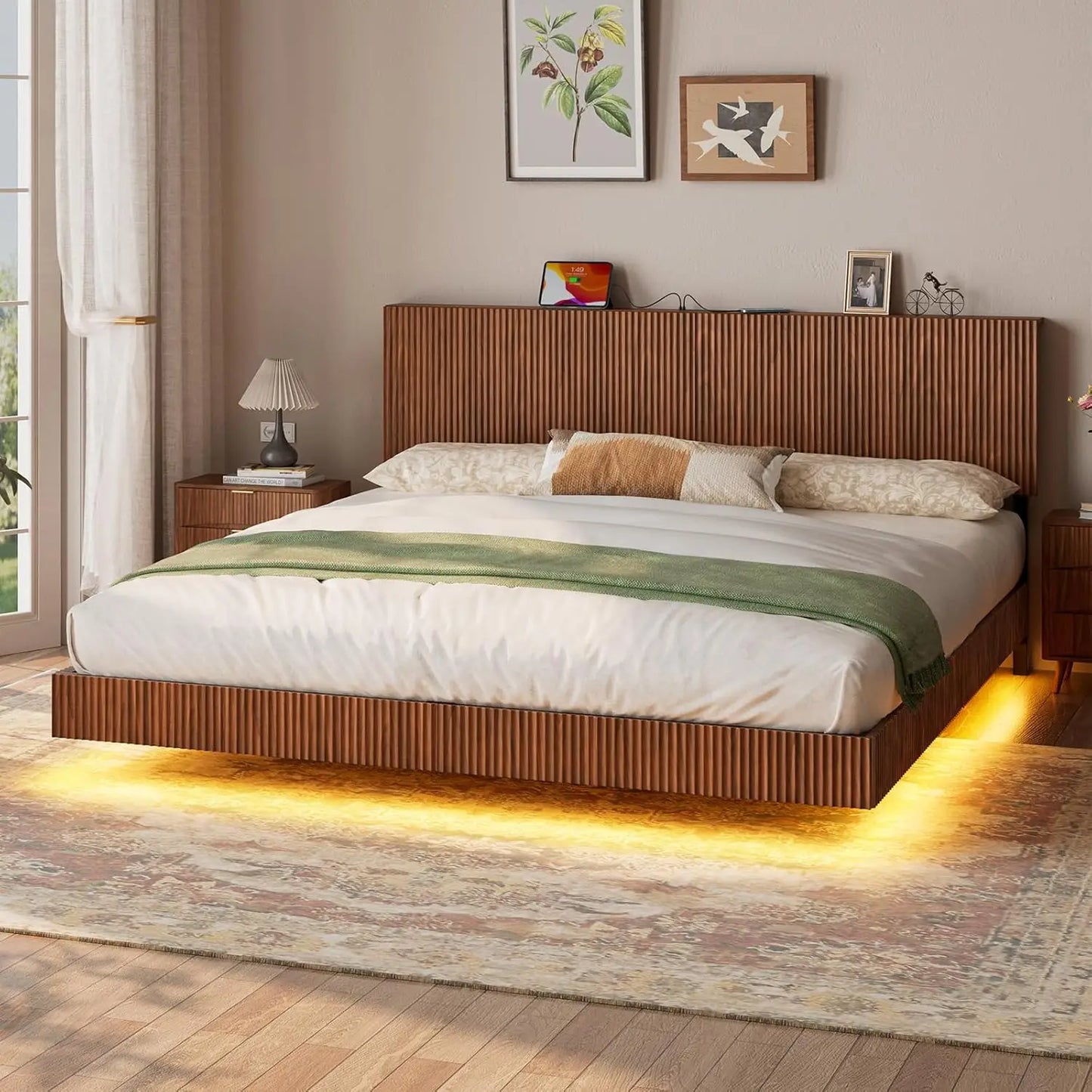 Walnut King Floating Bed Frame with Headboard, Mid Century Modern Fluted Platform Bed with LED Lights, Heavy Duty, Customized