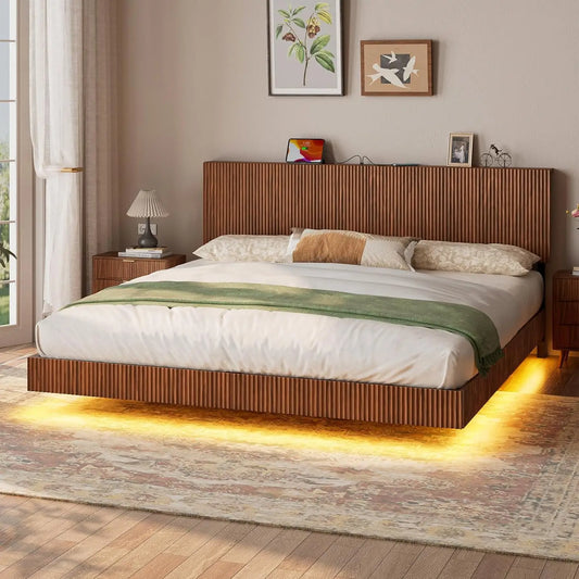 Walnut King Floating Bed Frame with Headboard, Mid Century Modern Fluted Platform Bed with LED Lights, Heavy Duty, Customized