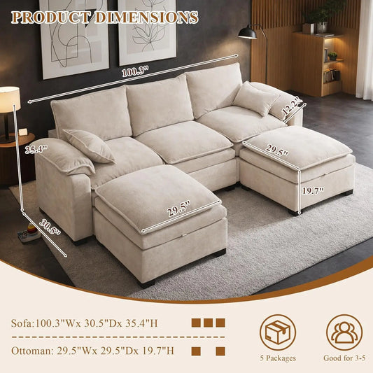 108" U Shaped Cloud Couch Sectional with Ottoman Storage, Chenille Modular Sectional Sofa with Pillow, Modern Deep, Customized
